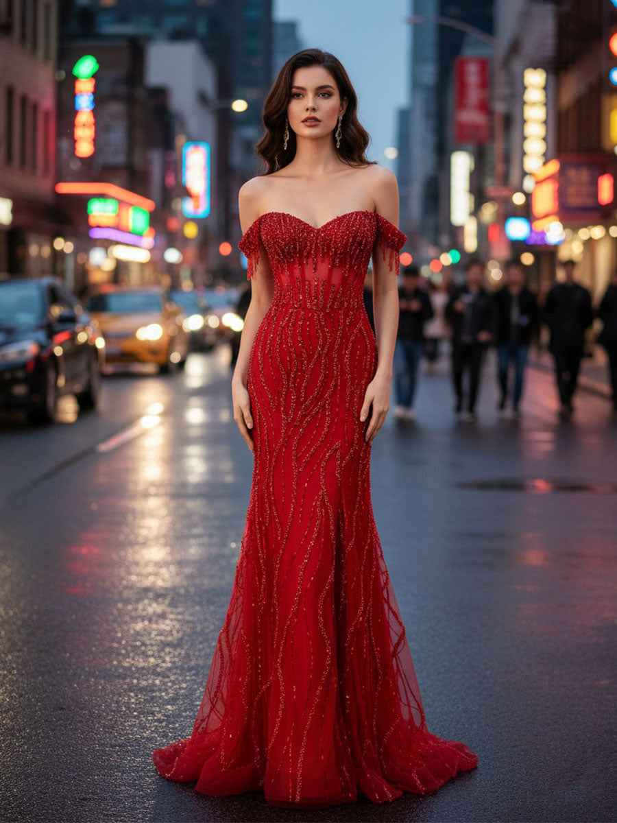 Red Off The Shoulder Beaded Tulle Prom Dress With Swirling Sequins