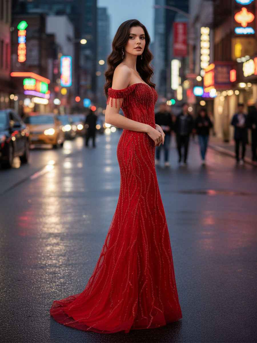 Red Off The Shoulder Beaded Tulle Prom Dress With Swirling Sequins