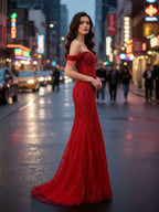 Red Off The Shoulder Beaded Tulle Prom Dress With Swirling Sequins