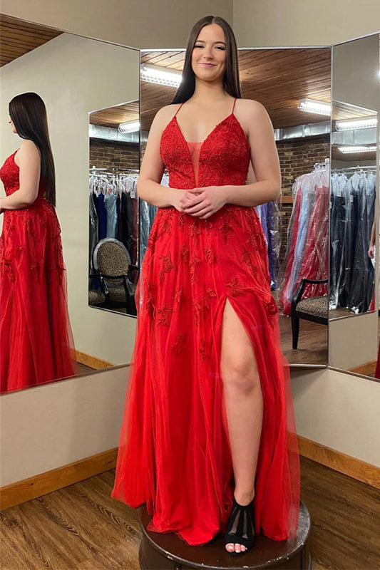 Red Plunging V Neck Floral Appliques Long Prom Dress with Slit