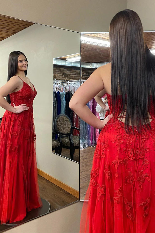Red Plunging V Neck Floral Appliques Long Prom Dress with Slit