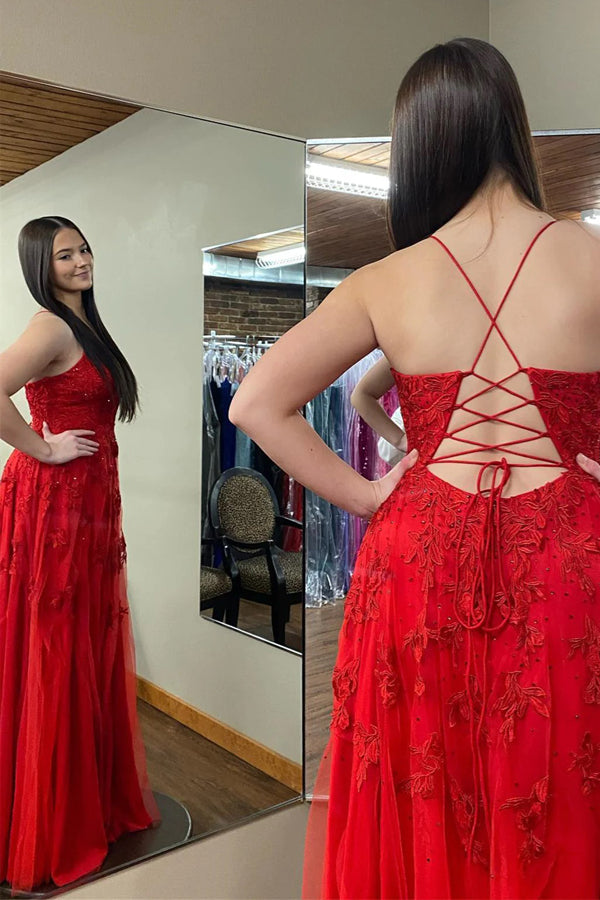 Red Plunging V Neck Floral Appliques Long Prom Dress with Slit