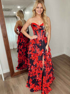 Red Floral Print A Line Strapless Ruffle Prom Dress With Slit