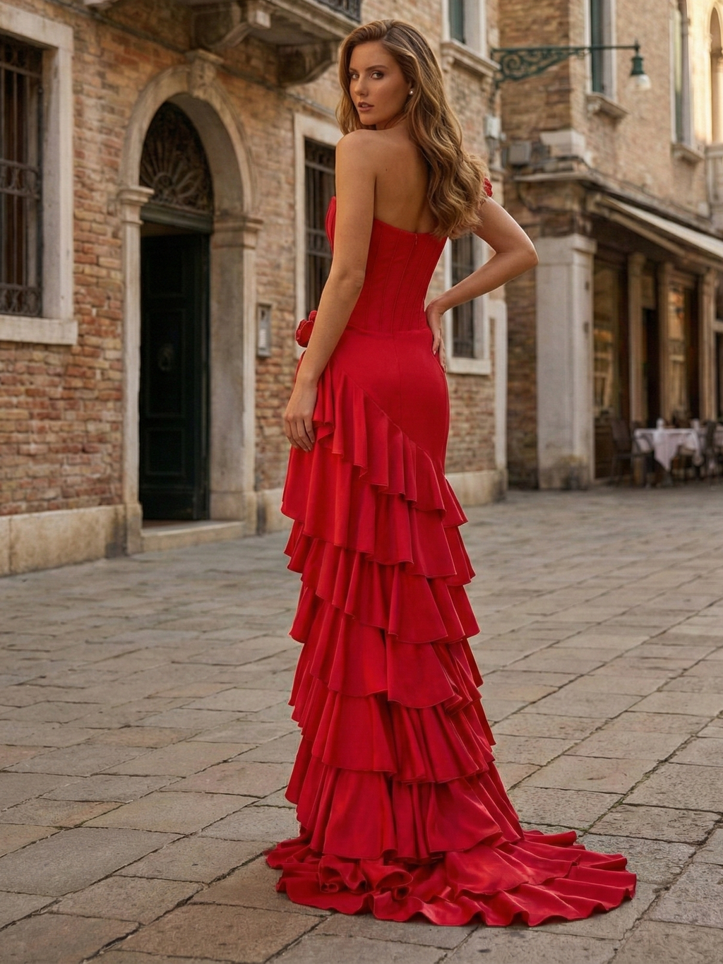 Red Ruffled Corset High Low Prom Dress with Rosette Detail