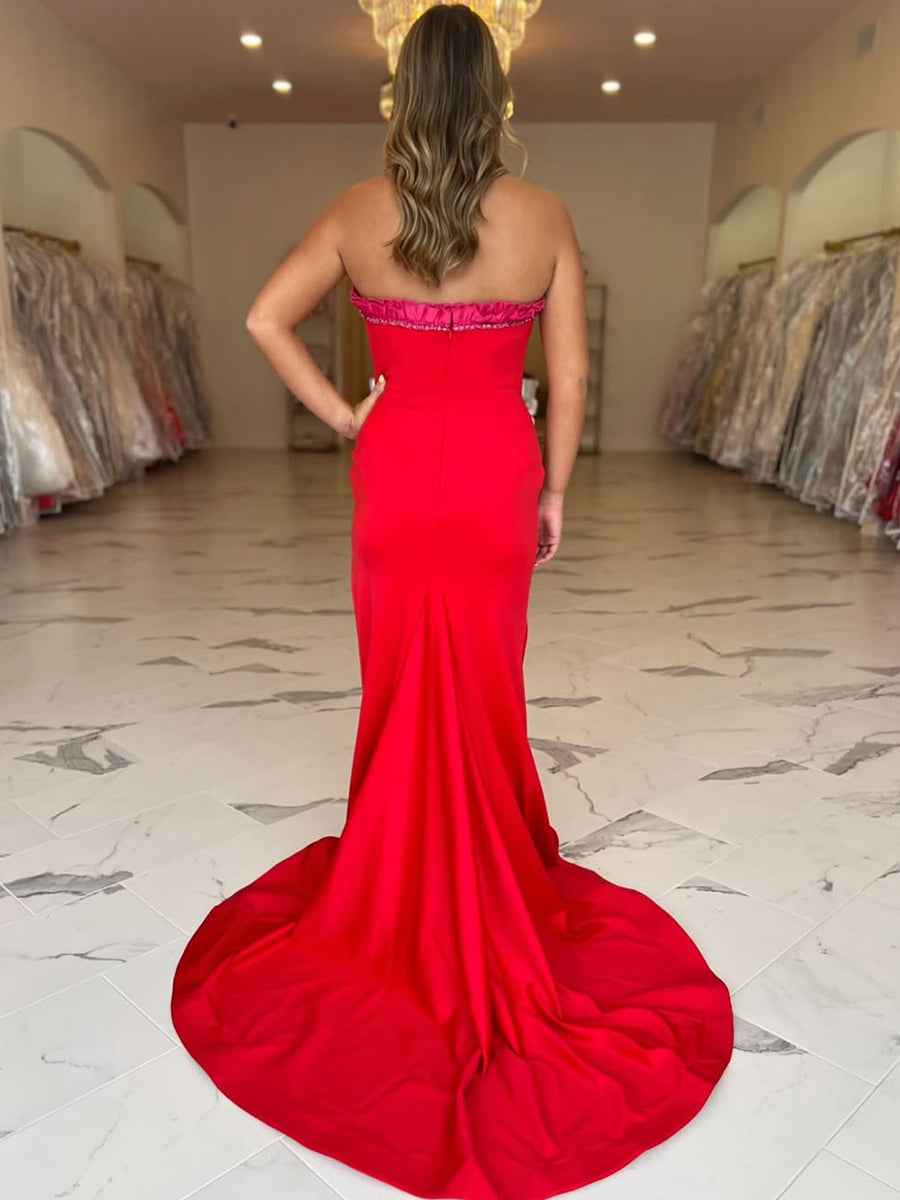 Striking Red Strapless Long Prom Dress With Slit