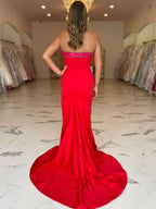 Striking Red Strapless Long Prom Dress With Slit
