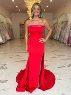 Striking Red Strapless Long Prom Dress With Slit