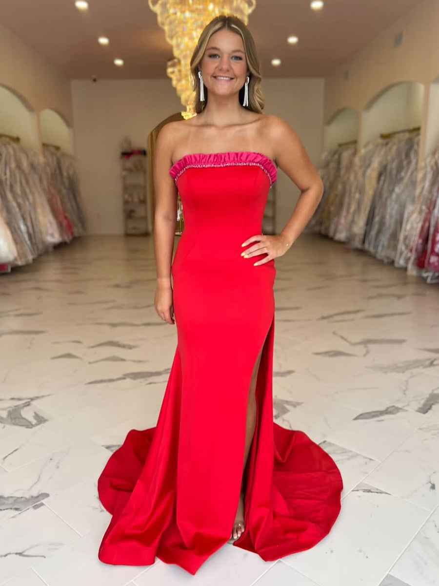 Striking Red Strapless Long Prom Dress With Slit