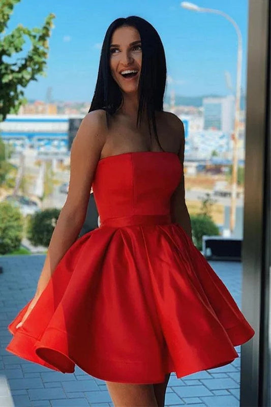 Red Satin A-line Strapless Short Homecoming Dresses, Short Party Dresses