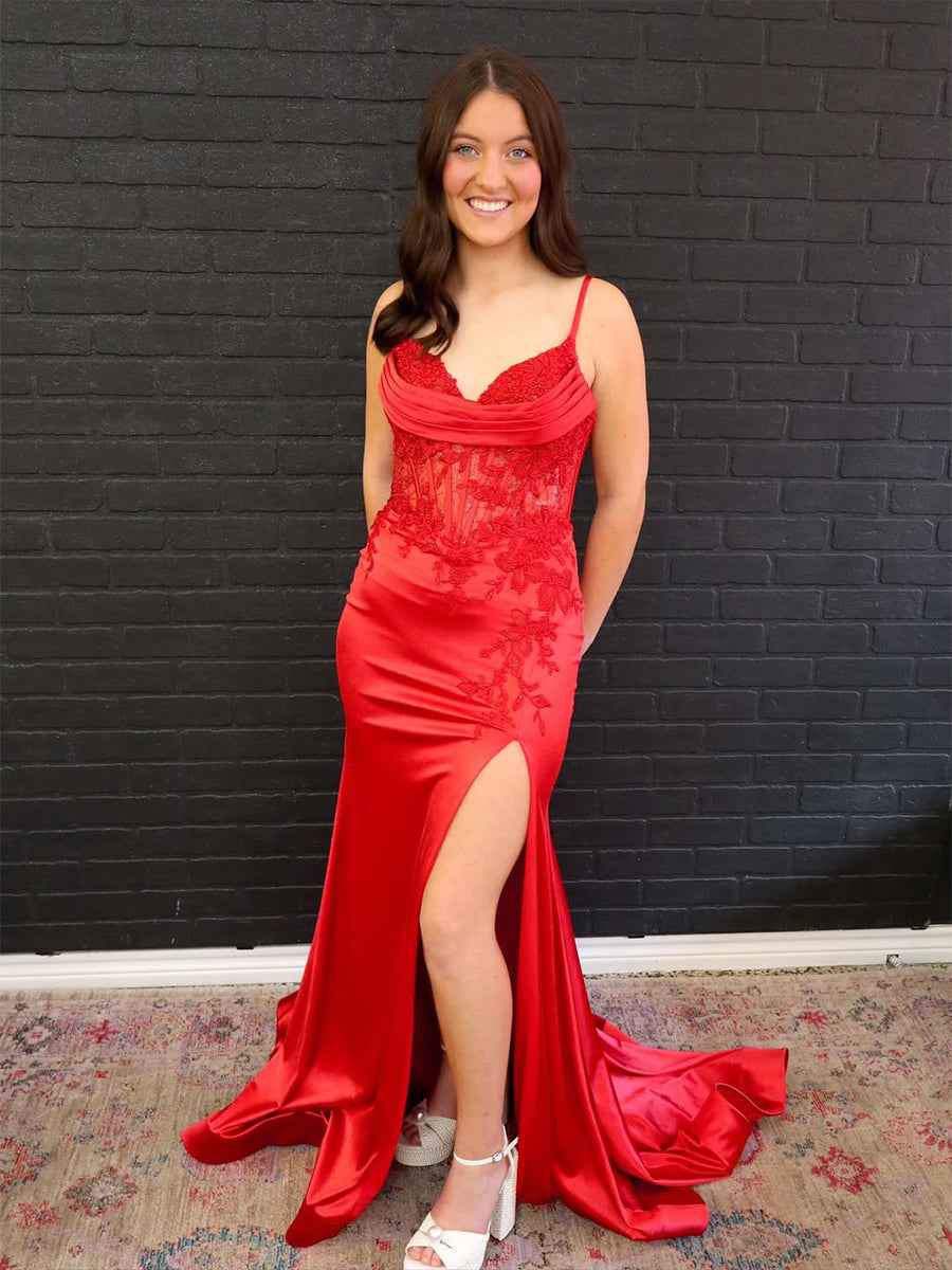 Red Cowl Neck Satin Prom Dress Sheer Corset Floral Lace Applique