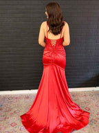 Red Cowl Neck Satin Prom Dress Sheer Corset Floral Lace Applique