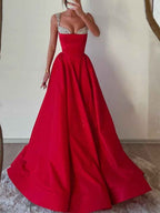 Red Satin Off The Shoulder Prom Dress With Crystal Fold Over Neckline