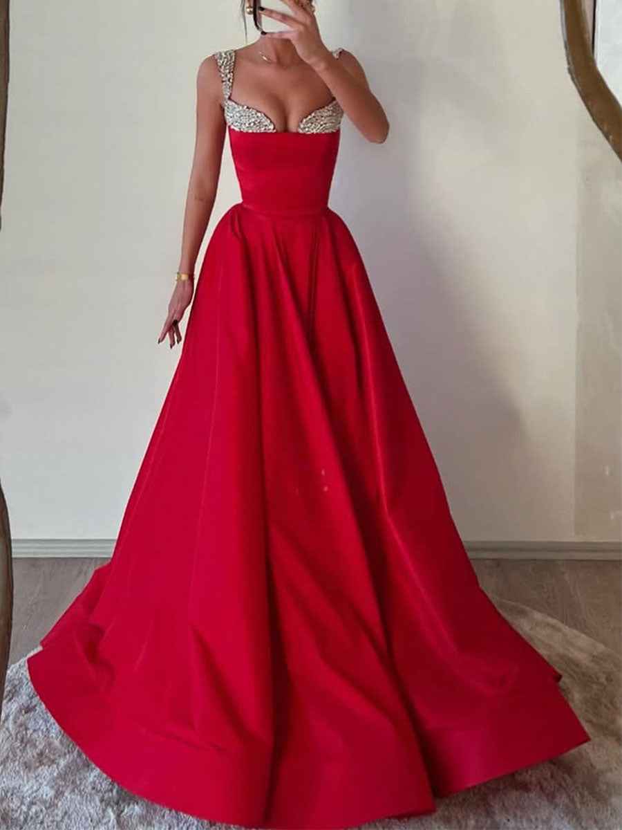 Red Satin Off The Shoulder Prom Dress With Crystal Fold Over Neckline