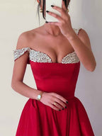 Red Satin Off The Shoulder Prom Dress With Crystal Fold Over Neckline