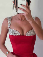 Red Satin Off The Shoulder Prom Dress With Crystal Fold Over Neckline