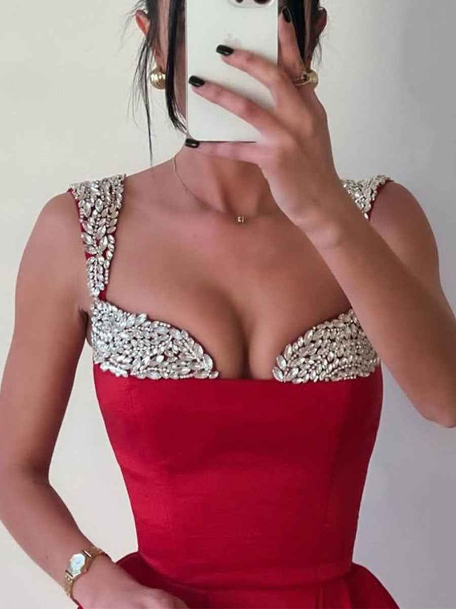 Red Satin Off The Shoulder Prom Dress With Crystal Fold Over Neckline