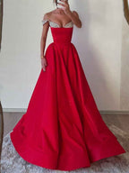 Red Satin Off The Shoulder Prom Dress With Crystal Fold Over Neckline