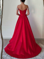 Red Satin Off The Shoulder Prom Dress With Crystal Fold Over Neckline