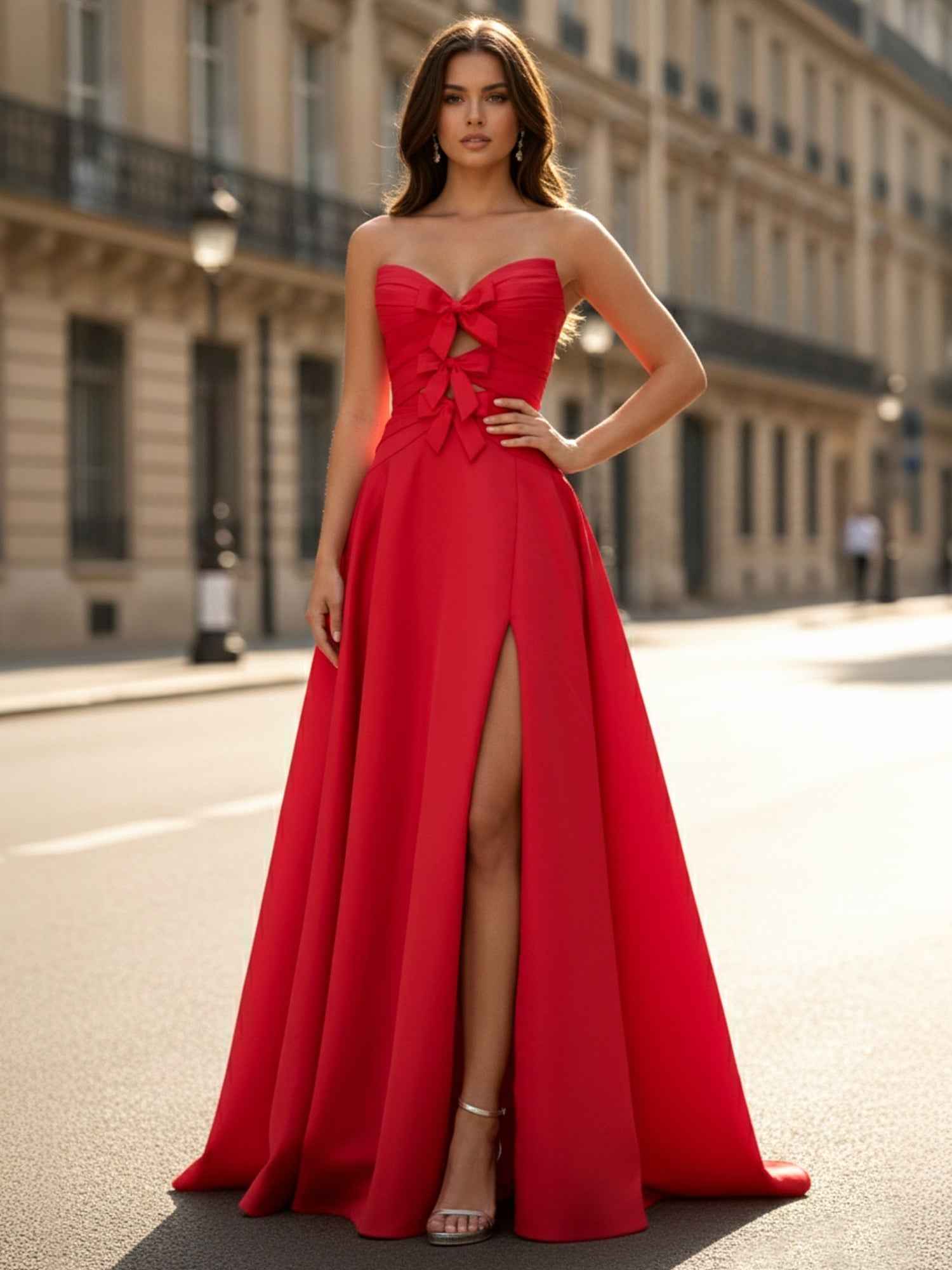 Red Satin Strapless A-Line Prom Dress With Sweetheart Neckline And Bow Detailing