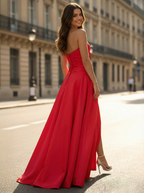 Red Satin Strapless A-Line Prom Dress With Sweetheart Neckline And Bow Detailing