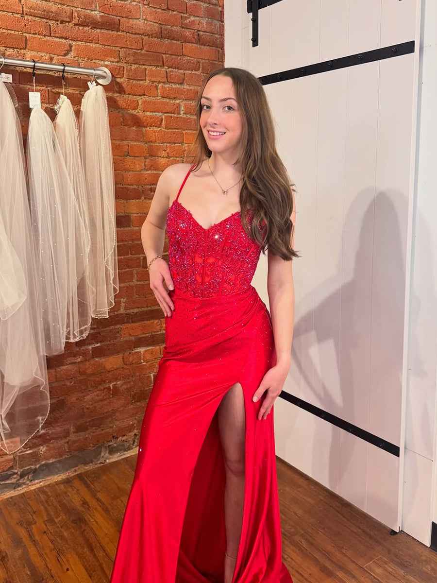 Red Sequin Corset Prom Dress With Spaghetti Straps And High Slit