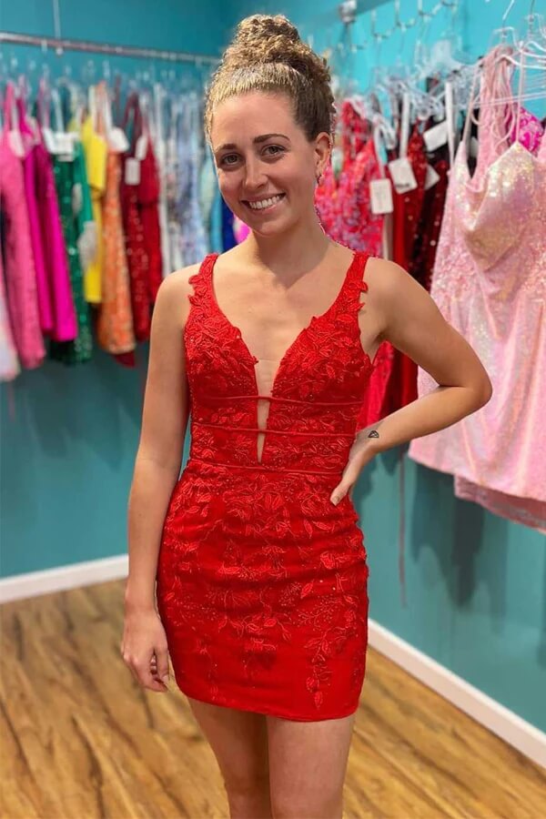 Red Sheath V Neck Lace Up Lace Appliques Short Homecoming Dresses
