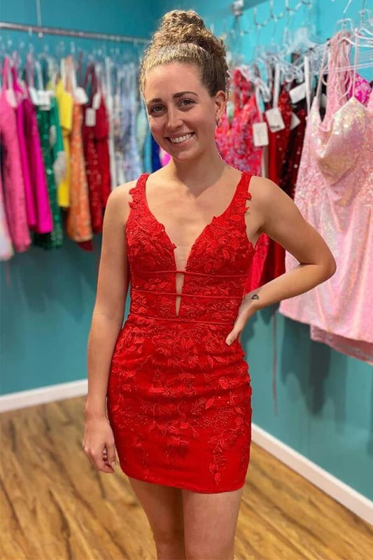 Vestidos de fiesta cortos con escote en V y encaje con apliques de encaje