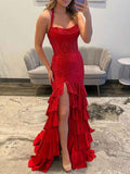Red Shimmer Halter Corset Prom Dress With Tiered Ruffles And Slit