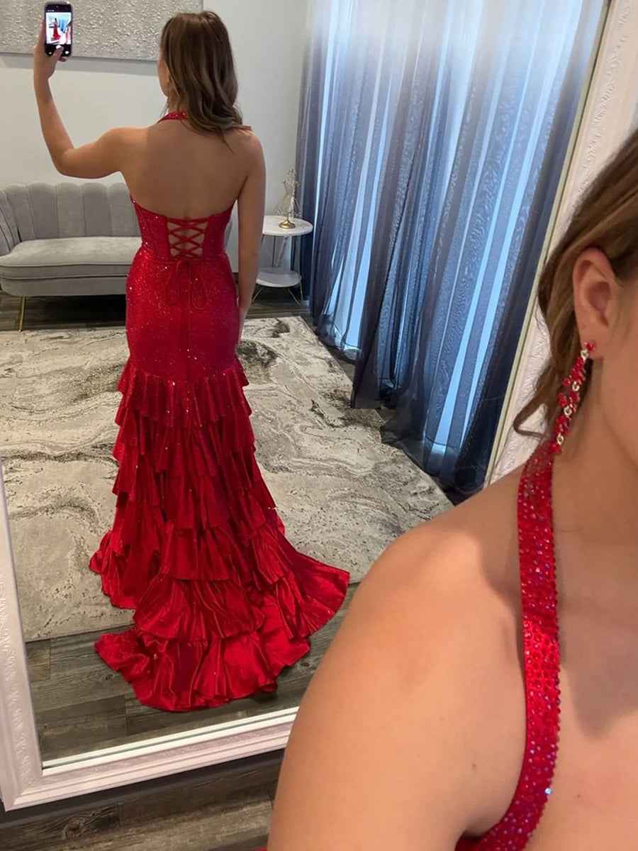 Red Shimmer Halter Corset Prom Dress With Tiered Ruffles And Slit