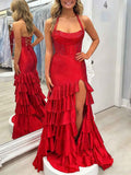 Red Shimmer Halter Tiered Ruffle Prom Dress With Slit