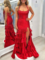 Red Shimmer Halter Tiered Ruffle Prom Dress With Slit