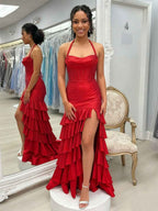 Red Shimmer Halter Tiered Ruffle Prom Dress With Slit