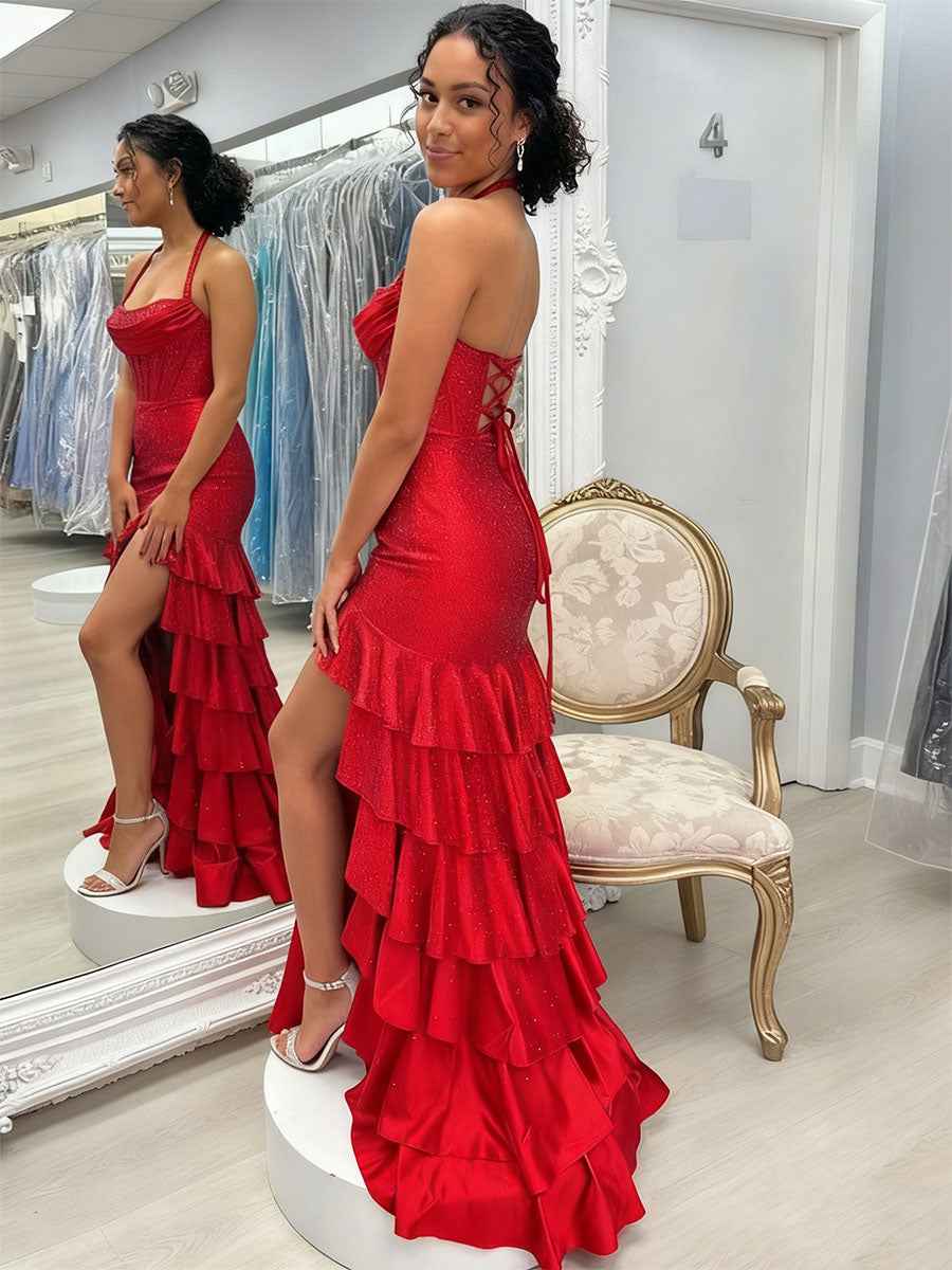 Red Shimmer Halter Tiered Ruffle Prom Dress With Slit