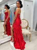 Red Shimmer Halter Tiered Ruffle Prom Dress With Slit