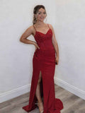 Red Spaghetti Strap Corset Prom Dress With Beaded Floral Applique