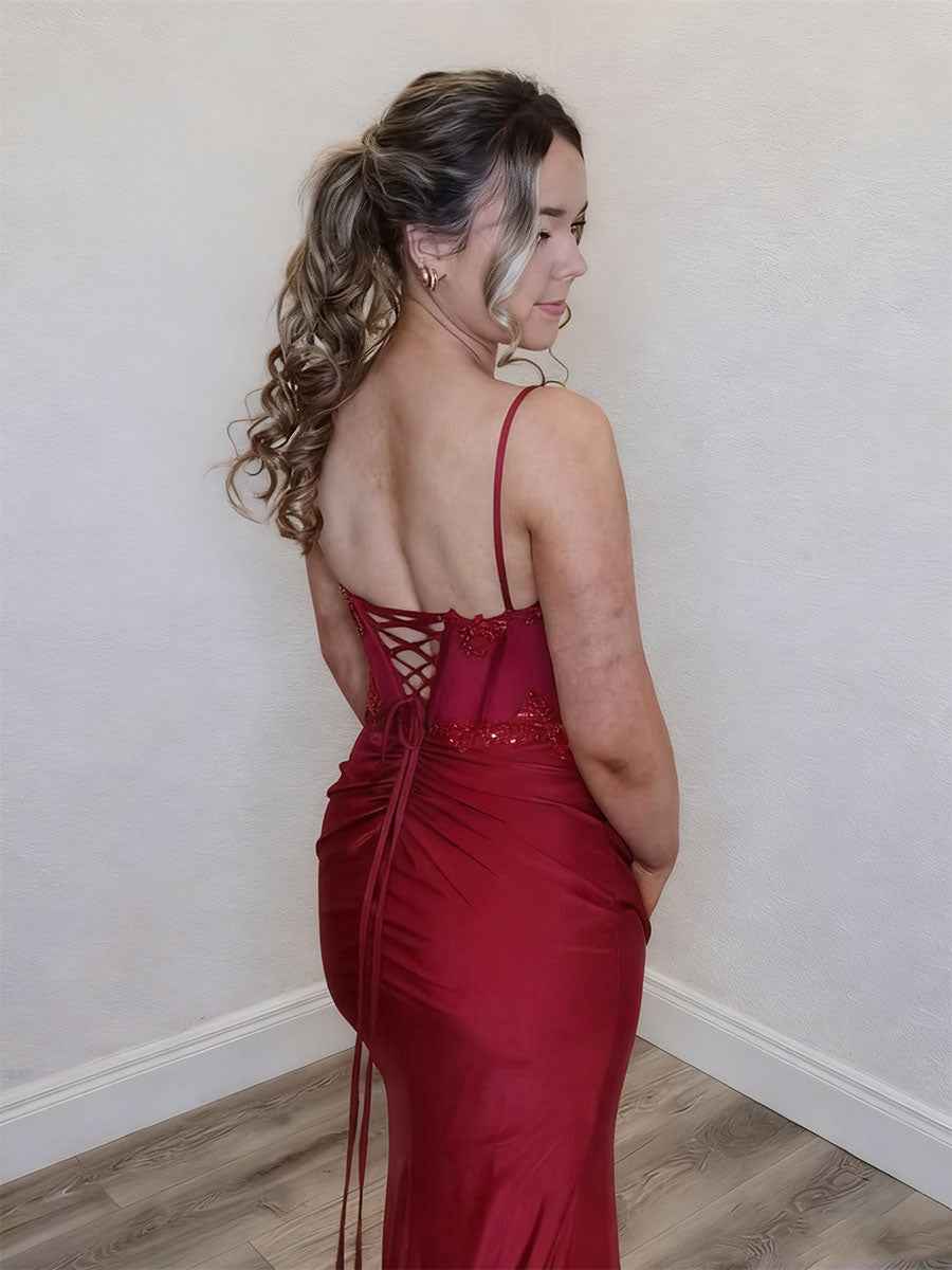 Red Spaghetti Strap Corset Prom Dress With Beaded Floral Applique