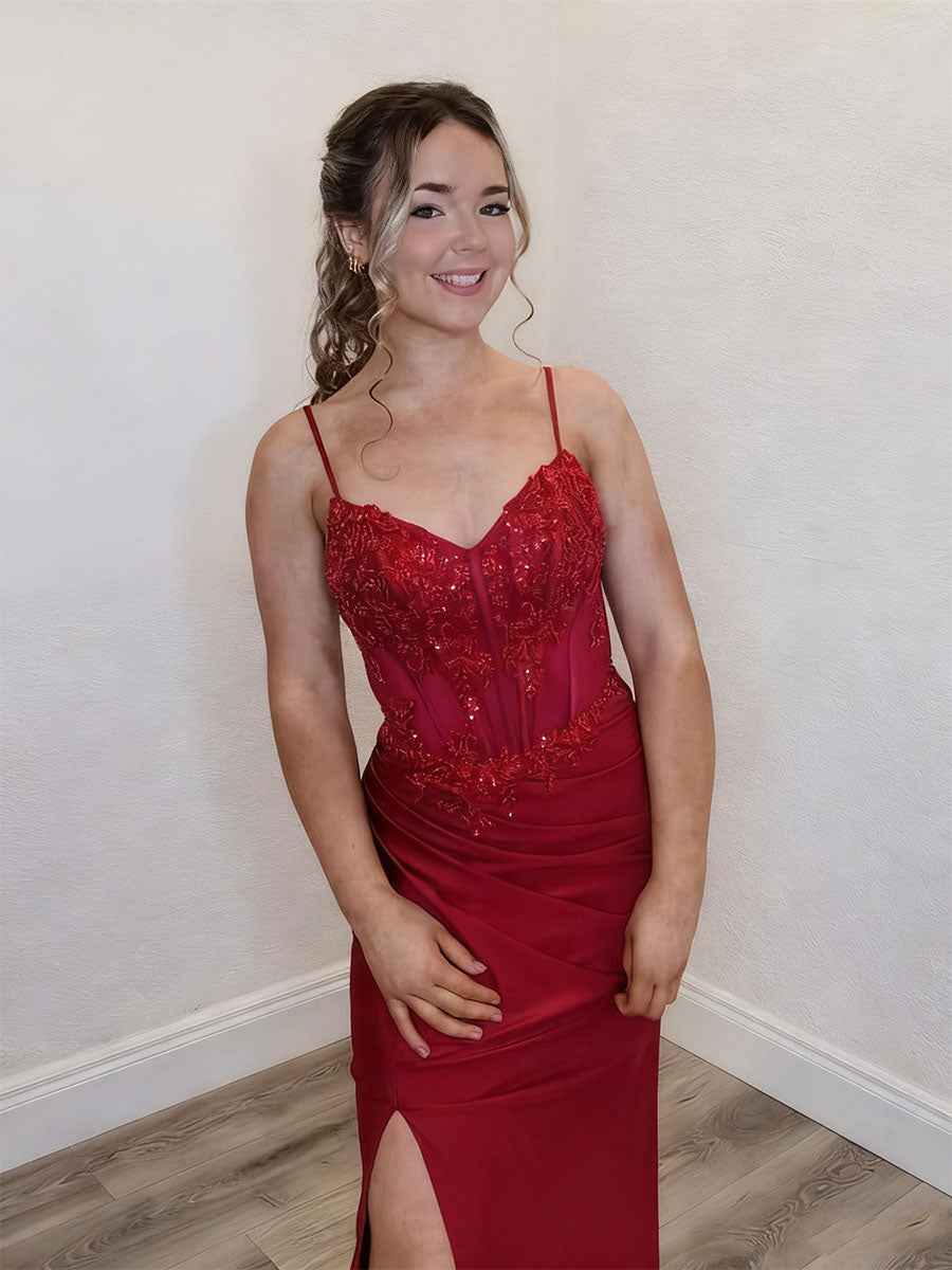 Red Spaghetti Strap Corset Prom Dress With Beaded Floral Applique