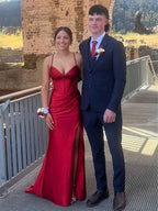Red Satin Spaghetti Strap Long Corset Prom Dress With Sheer Side Slit