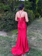 Red Satin Spaghetti Strap Long Corset Prom Dress With Sheer Side Slit