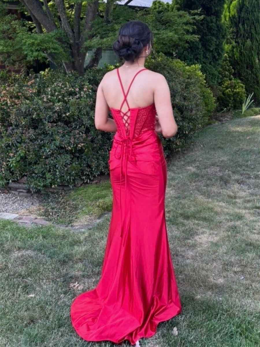 Red Satin Spaghetti Strap Long Corset Prom Dress With Sheer Side Slit