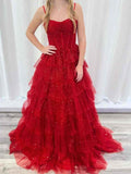 Red Spaghetti Strap Corset Tulle Tiered Ruffle Prom Ballgown