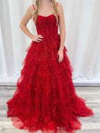 Red Spaghetti Strap Corset Tulle Tiered Ruffle Prom Ballgown
