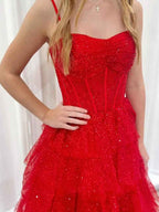 Red Spaghetti Strap Corset Tulle Tiered Ruffle Prom Ballgown