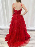 Red Spaghetti Strap Corset Tulle Tiered Ruffle Prom Ballgown
