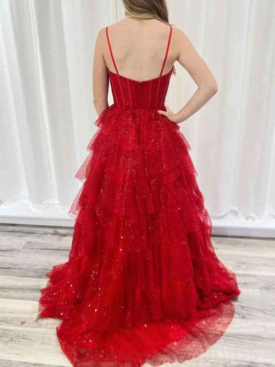 Red Spaghetti Strap Corset Tulle Tiered Ruffle Prom Ballgown