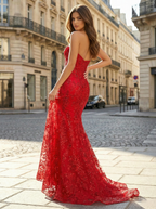 Red Strapless Beaded Corset Satin Prom Dress With High Slit Bodice