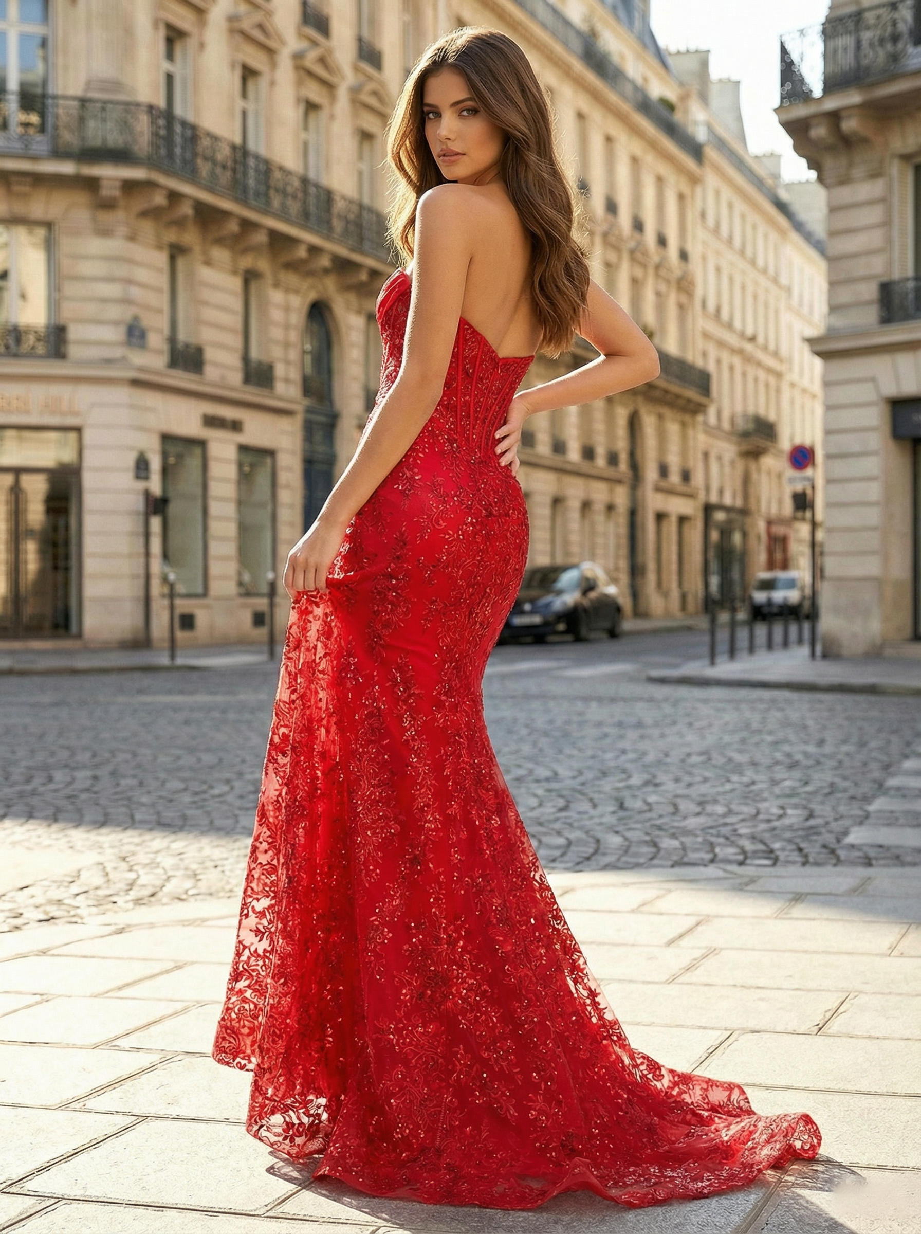 Red Strapless Beaded Corset Satin Prom Dress With High Slit Bodice