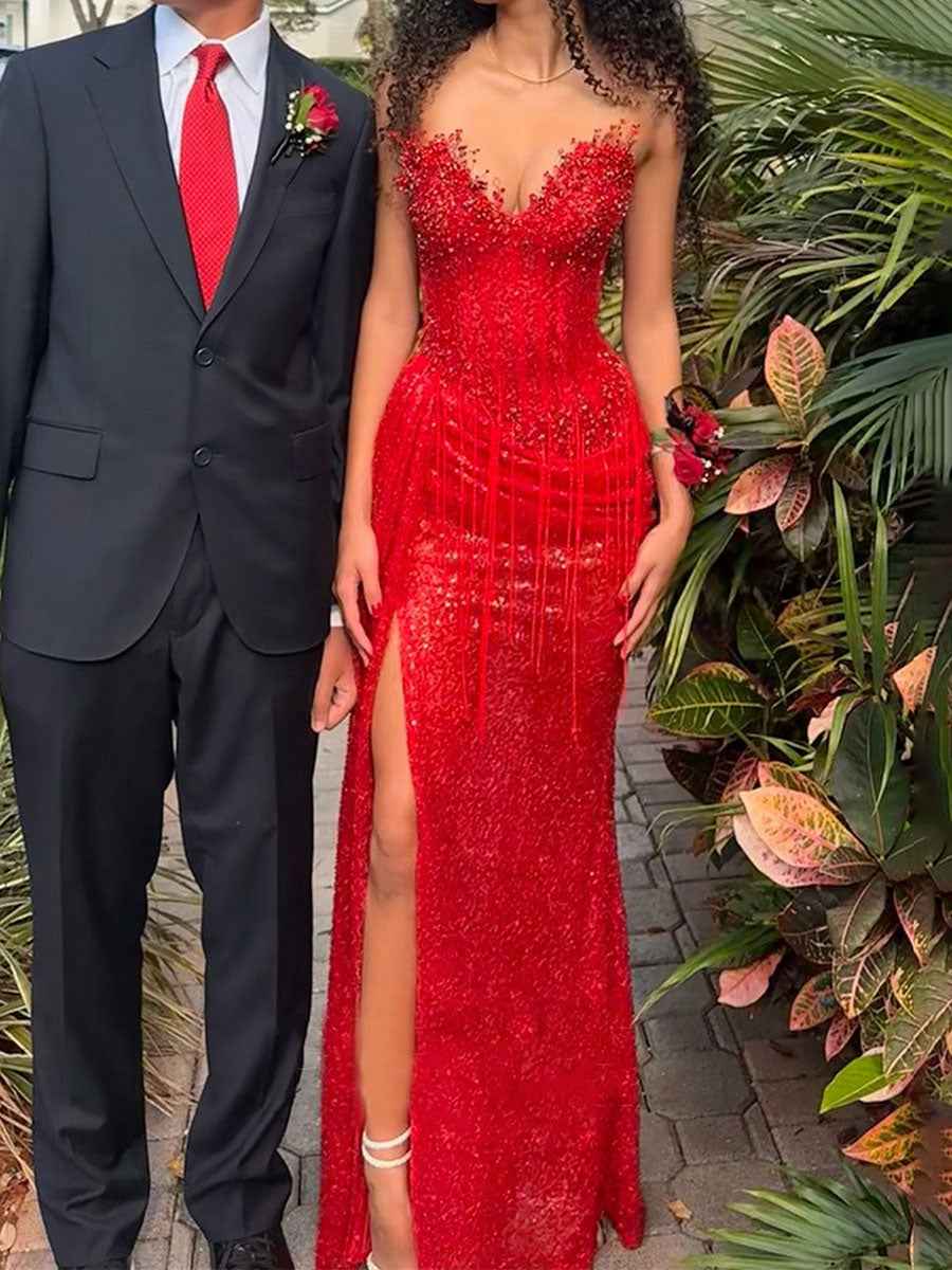 Red Strapless Beaded Fringe Waist Sequin Prom Dress With High Slit