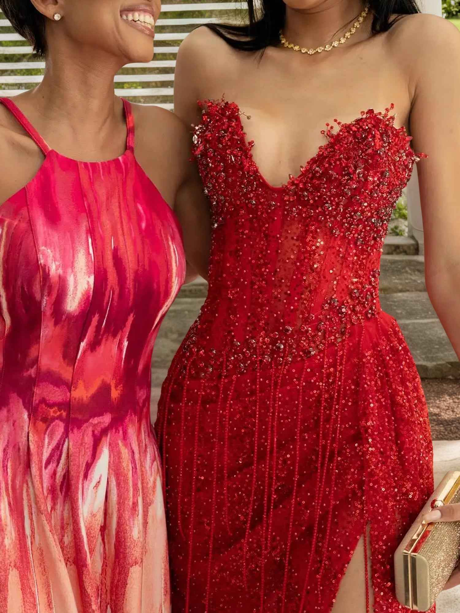Red Strapless Beaded Fringe Waist Sequin Prom Dress With High Slit