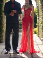 Red Strapless Beaded Fringe Waist Sequin Prom Dress With High Slit